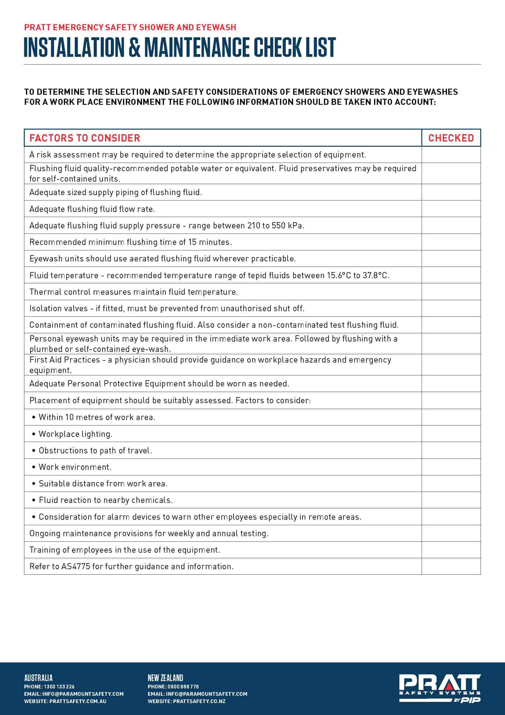 PRATT Safety Shower & Eye Wash - Installation & Maintenance Checklist